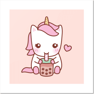 Cute Unicorn Loves Drinking Bubble Tea Posters and Art